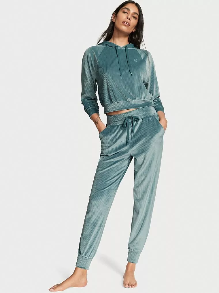 Victoria's Secret M,S TRACKSUIT SET Hoodie+jogger pants SAGE green VELOUR  ribbed