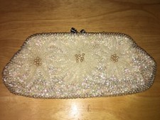 Vintage 1960s Off White Beaded Purse Kiss Rhinestone Clasp Clutch Retro Wedding
