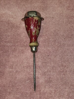 (A6)  ICE PICK or SCRATCH AWL Vintage Antique Red Wood Handle Hex Metal Cap Tool