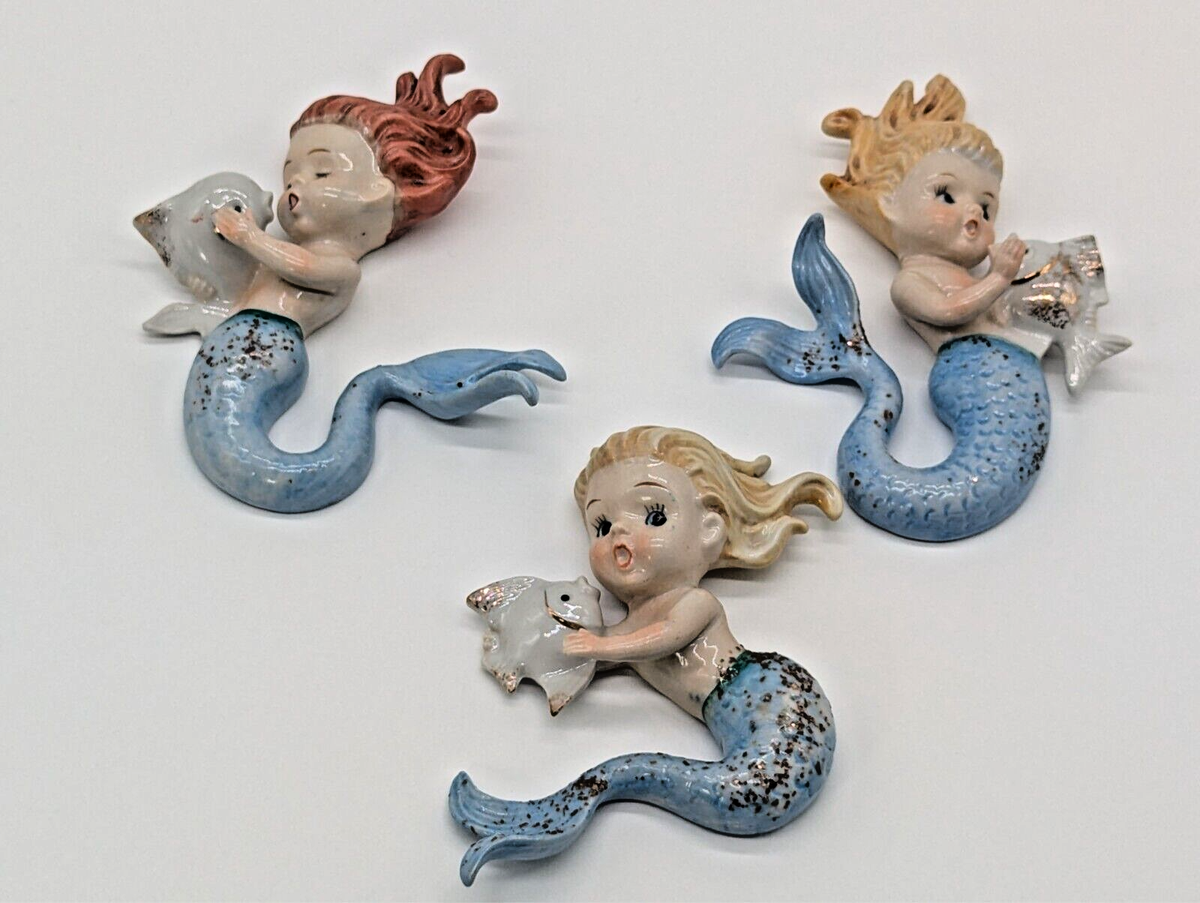 3) NORCREST MERMAIDS P659 HOLDING FISH WALL HANGING PLAQUES BLUE