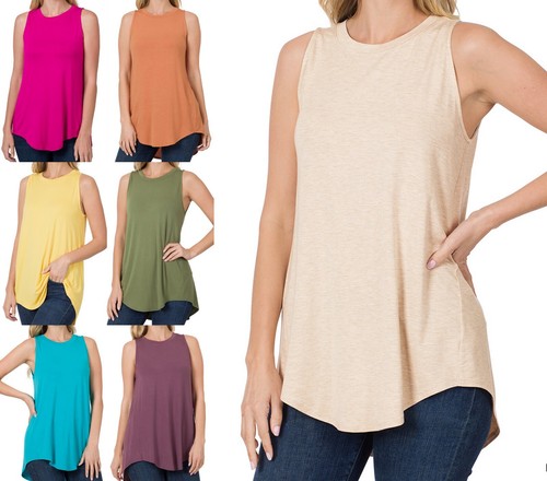 Women's Round Crew Neck Sleeveless Long Tank Top Round Hem Luxe Rayon Tunic