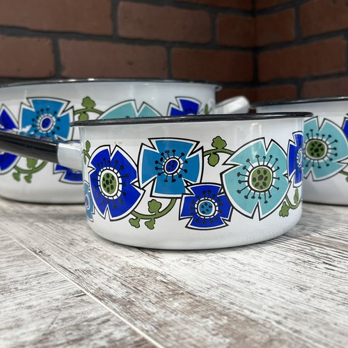 Vintage National Silver Company Blue Flower Pot Set Porcelain Steel Spain RARE - Picture 15 of 16