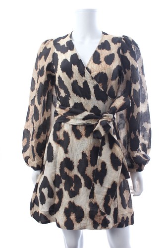 Ganni Leopardenmuster Leinen und Seide Minikleid / Brown