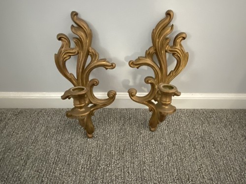 2 Vtg Turner Ornate Gold Floral Scroll Wall Sconces Candle Holders MCM READ - Picture 3 of 22