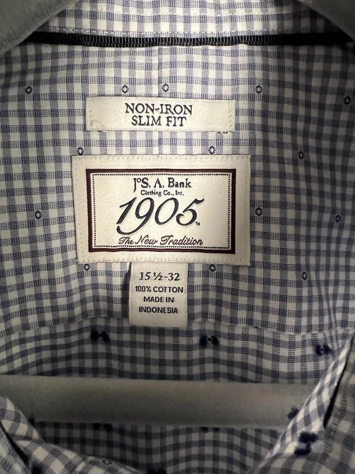 Camisa de vestir Jos A Bank manga larga a cuadros elástica 15 1/2 - 32 azul blanco calce ajustado Foto 2 de 4