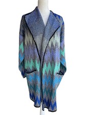 VTG FRENCH RAGS Chevron Longline Open Cardigan USA-Made Zigzag Blue Teal Funky