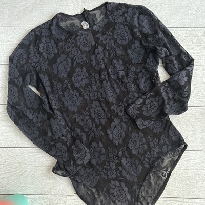 Vintage Bodysuit By tapemeasure LG Semi Sheer Black w/Midnight Blue Pattern EUC
