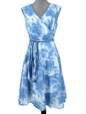 Calvin Klein Dress Womens 8 Blue White Floral Cotton Faux Wrap Lined Fit n Flare