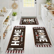 23pcs, Home Kitchen Mat Set - Grid Brown Flowers And Tableware HOME Sweet Home P