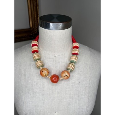 Unbranded Chunky Wood Bead Apple Coral Necklace Red Green Statement Women's OS