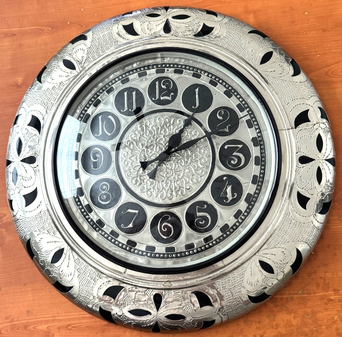 Handcrafted Metal Cut Chased 17" Wall Clock Ethnic Wood Carved EUC Works