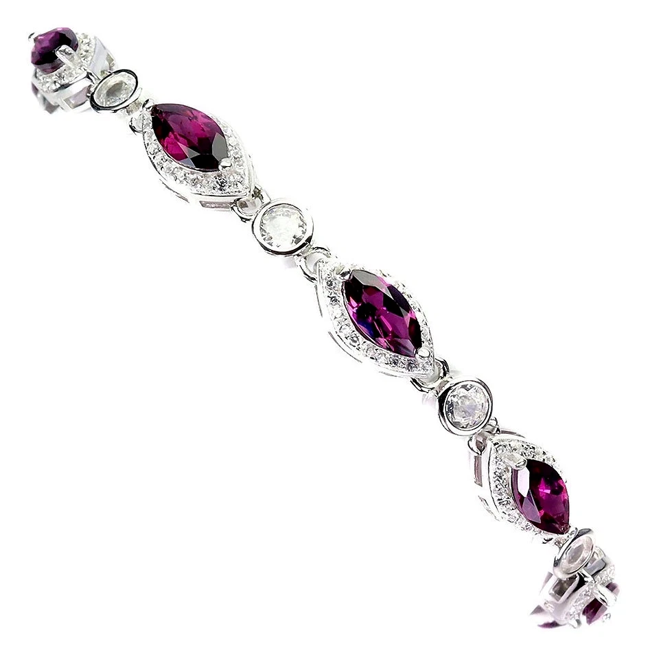 PULSERA GRANATE RODOLITA NATURAL BLANCA CIRCONITA CÚBICA PLATA DE LEY 925 14K WGP 7 PULGADAS Foto 2 de 3