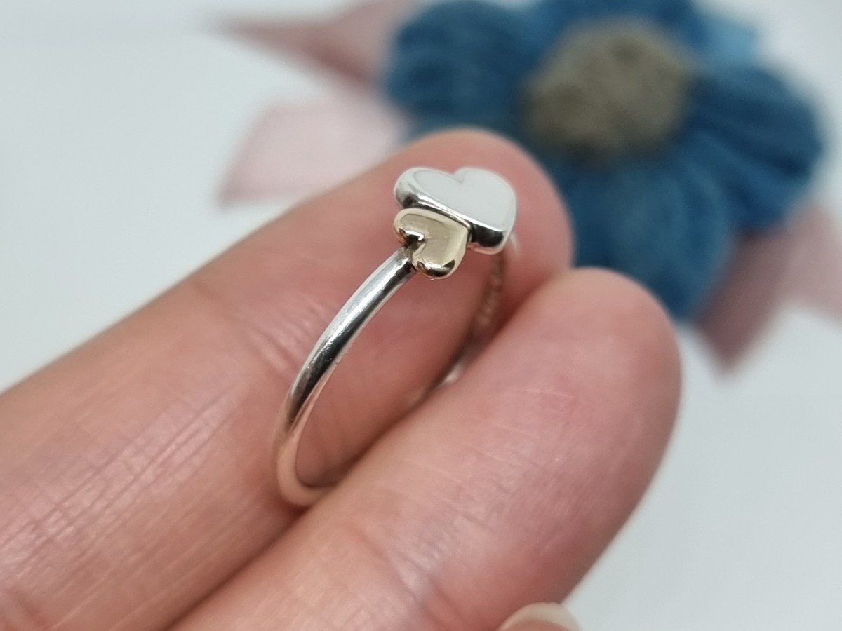 Genuine Pandora Silver & 14k Gold Mother of Pearl Hearts Ring Size
