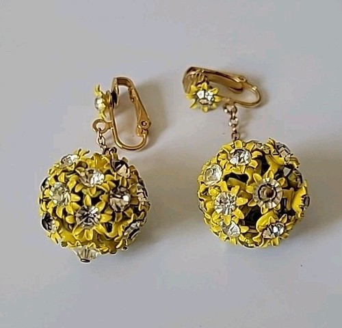 Vintage 60s Yellow Enameled Filigree Globe Drop Clip On Earrings Billie Eilish - Picture 8 of 10