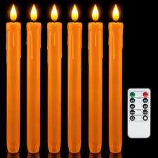6 Pcs Orange Flameless Taper Candles with Remote, Timer, Dimmer, Battery Oper