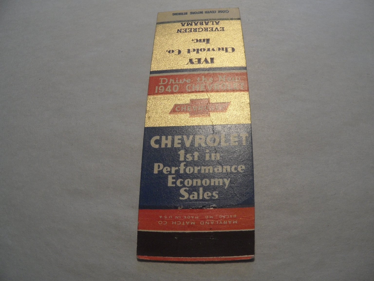 Ivey Chevrolet 1940 Chevrolet Evergreen Alabama Vintage Matchbook