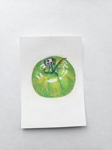 ACEO Original Abstract Acrylic Painting of Green Tomato Fruit Vegetable by Kiva