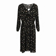 Zara Midi Dress Womens L Black Floral V-Neck Lace Trim Ruffle Boho Long Sleeve