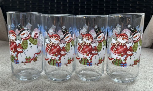 4 LIBBEY Christmas Snowmen SNOWMAN Tumblers Glasses Presents & Snowflakes