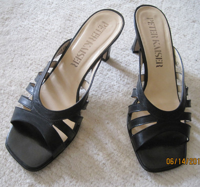 Peter Kaiser Slides Med Heel Black Leather Sandals Size 7.5 M