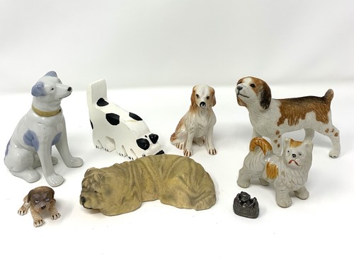 Lot Of 8 Dog Figurines and Items Variety Dog Collectors Shadow Box