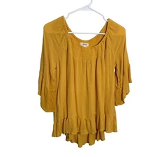 Style & Co Blouse Women's Small Yellow 3/4 Sleeve Round Neck Boho Shirt Top