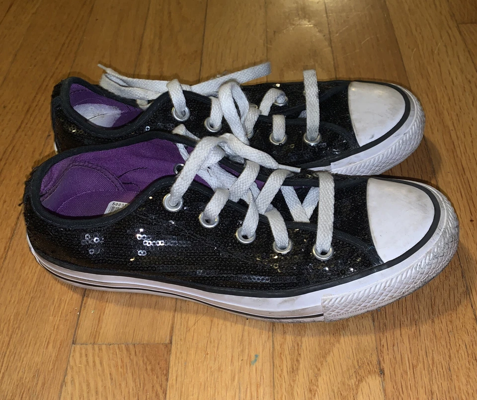 Zapatos Converse negros de caña baja All Star lentejuelas para hombre’s 4 mujeres’s 6� plantilla púrpura Foto 3 de 4