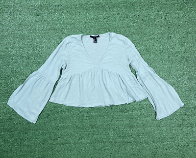 Forever 21 Shirt Women Size Small Green Long Sleeve Crop Top