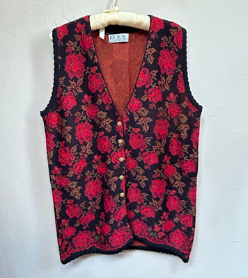 Zing Kai Womens Medium Red/Black Floral Vest Button Front V-Neck Scalloped Trim