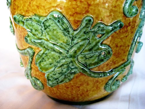 SELTENE ANTIKE FRANZÖSISCHE GELBE JARDINIERE VASE MIT GRÜNEN SPINATBLÄTTERN - Bild 3 von 8