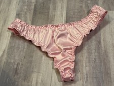 Nwot silky Baby Pink wet Look shimmer Shine satin panties Ruffle thong sz Med