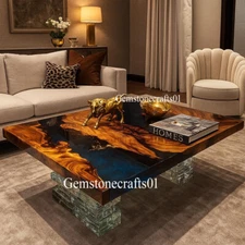 Clear Blue Epoxy Resin Center Living Room Table Top, Wooden Table Top Decor