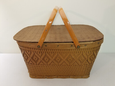 VINTAGE RED-MAN WOVEN WICKER/ WOOD/ HINGED -PICNIC BASKET- LARGE
