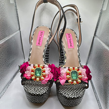 Betsey Johnson Platform Ankle Strap Block Heel Rhinestone Floral Sandals 7M