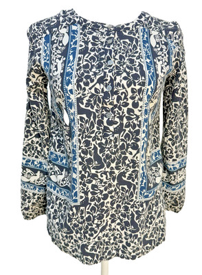 Ann Taylor LOFT Blouse Petite XS Black White Floral Henley Long Sleeve Top