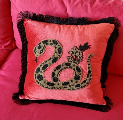 Year Of The Snake Red Beaded Decorative Accent Pillow With Black Fringe New 