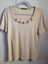 Bm Casual Beige Cream Y2K Ring Detail Short Sleeve Top Size M UK 10 12 Cotton