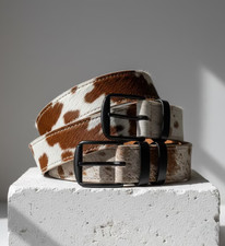 Handmade Cowhide Cow Print Leather Belt Hair-On Hide Western Style Black Buckle.