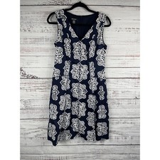 Nine West Dress Women's 8 Blue White Sleeveless V Neck Back Zip Floral Print