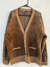 VTG Polo By Ralph Lauren Cardigan Brown Leather & Wool Classic Men’s L Sweater