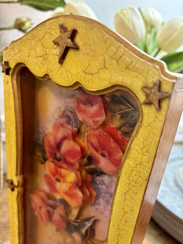 Unique Vintage Wood Paper Towel Holder with Flowers In Glass Base - Image 2 of 4
