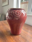 Bauer Pottery Burgundy Oxblood Glaze Vase Swirl Handle 6.5in Signed