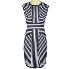 Nine West Women's Gray White Black Striped Sleeveless Knit Sheath Dress S EUC
