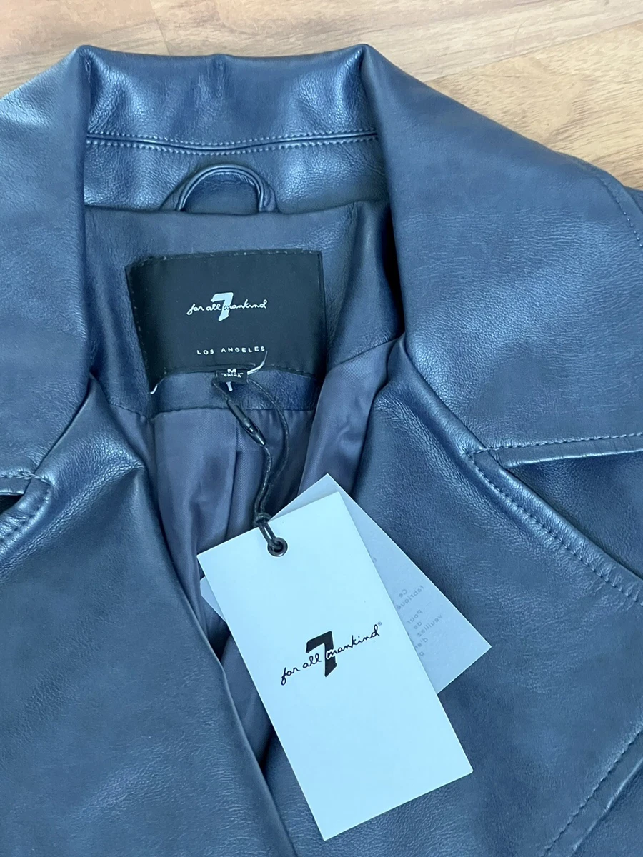 NWT 7 For All Mankind Dark Blue Cropped Faux Leather Moto Basic Jacket M