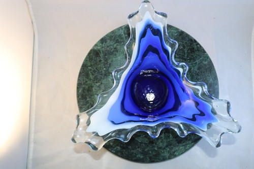 Murano Style Art Glass Bowl 2 Tone Blue w White Swirl Patterns 5" H X 11" W - Picture 4 of 7