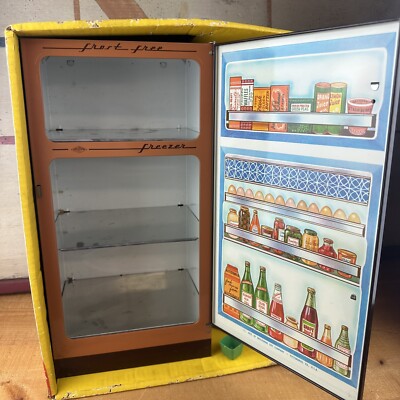 USA Vtg 50-60s Wolverine Tin 冷蔵庫中身付き Vintage 1960's Wolverine Toy Tin Refrigerator in original box