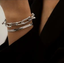 2 Pcs/ Set Bracelet Bangle Chain Charm Cuff  Silver Plated 