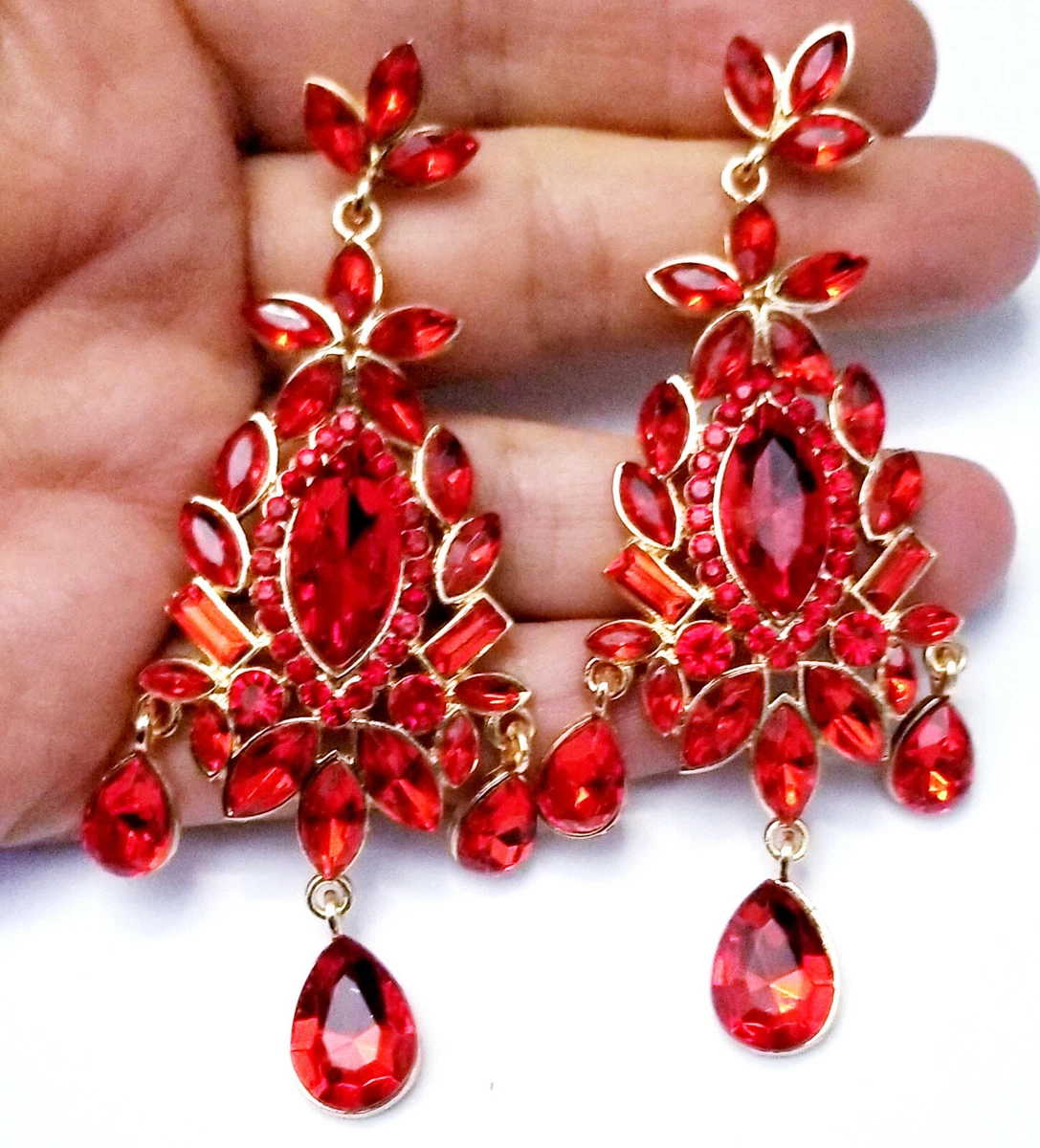 Chandelier Earrings Rhinestone 3.5 in Red eBay