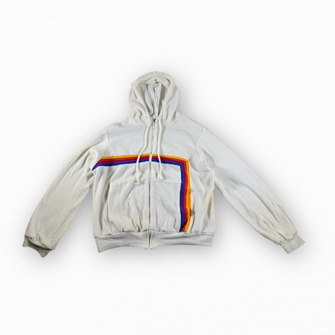White jacket top with rainbow stripes