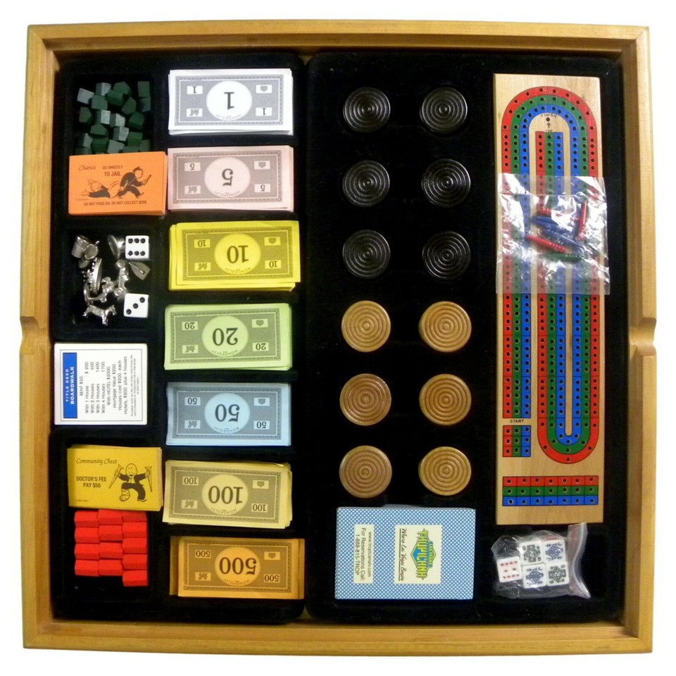 Wooden Board Game Box Monopoly Clue Checkers Chess Dominoes Poker Dice
